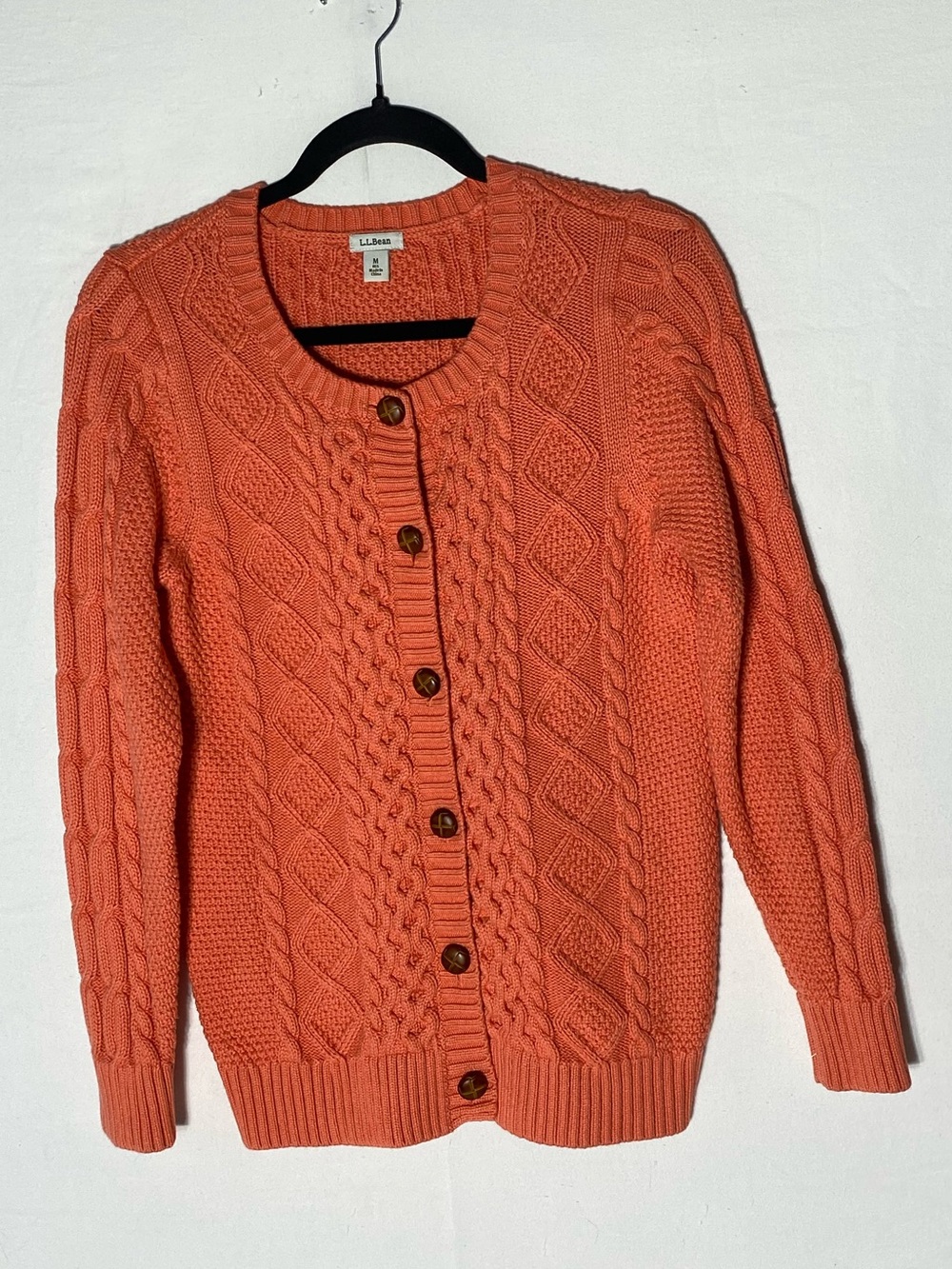 L.L. Bean Coral Cotton Cable Knit Button Front Cardigan Sweater M Cottagecore
